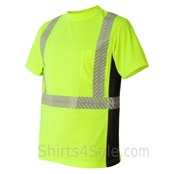 neon green work in safety reflective strips bright t shirt side view